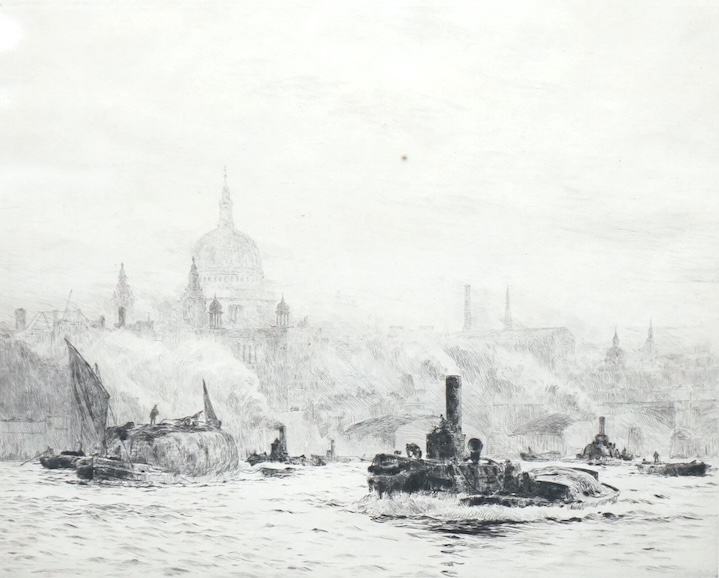 William Lionel Wyllie (1851-1931), St Paul’s from the river, signed in pencil, drypoint etching, 20 x 24cm